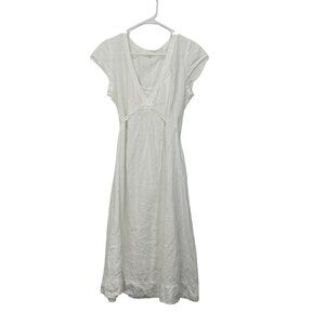 Eileen Fisher White Irish Linen Midi Slip Dress V Neck Cap Sleeves Women sz M